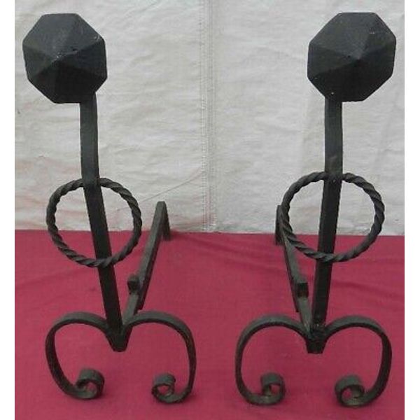 Stylized Flower Antique Fancy Cast & Wrought Iron Andirons #4