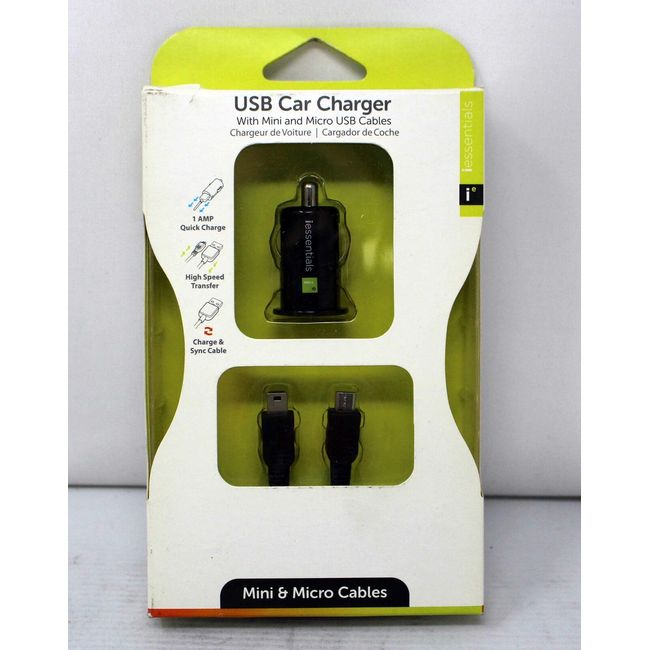iEssentials USB Car Charger with Mini and Micro USB Cables