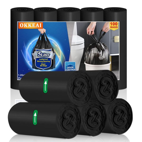 OKKEAI Small Bin Bags 5l Bin Liner Black Plastic Pedal Waste Bags with Tie Handle 100 Counts Mini Garbage Bag Toilet Trash Bags for Bathroom,Bedroom,Kitchen,Office,Fit 3,4,5,6l Rubbish Bin