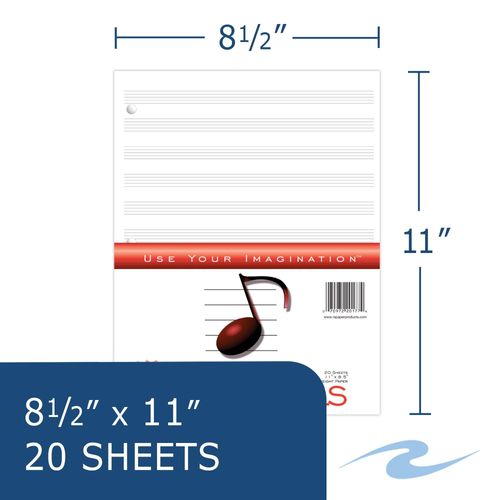 Roaring Spring Loose Leaf Music Filler Paper, 20 Sheets 8.5"x11" with 12 Staves of Music Lines, Heavyweight 24# Smooth White Paper, 3 Hole Punched