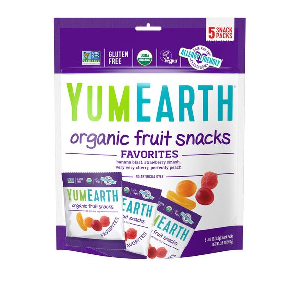 YumEarth Organic Fruit Snacks, 5- 0.7oz. Fruit Flavored Snack Packs, Allergy Friendly, Gluten Free, Non-GMO, Vegan, No Artificial Flavors or Dyes