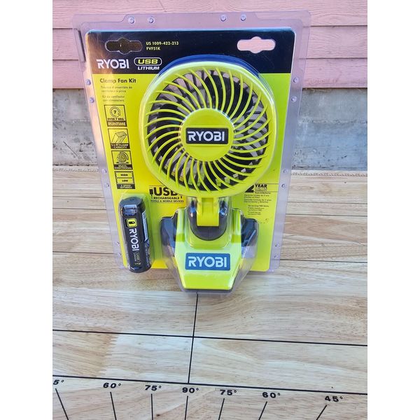 Ryobi FVF51K USB Clamp Fan Kit With 2 Ah Lithium Battery Charge Cord New, Sealed