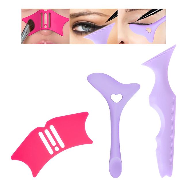 Prreal 3PCS Silicone Eyeliner Stencils, Reusable Eyeliner Nose Shadow Stencil Eyeliner Aid, Multifunctional Eyebrow Lipstick Face Eye Makeup Tool(Purple Heart+Purple Ruler+Nose Shadow Stencils)