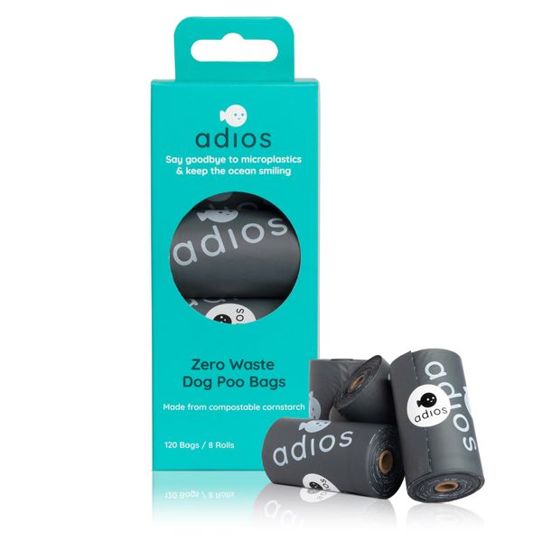 Adios Plastic Biodegradable Dog Poop Bags - Extra Thick Compostable Dog Poo Bags Made from Highest Rated EN13432 Certified Cornstarch | Leak Proof Dog Waste Bags in Grey Colour | 8 Rolls, 120 Bags