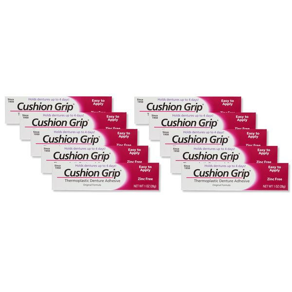 Cushion Grip Thermoplastic Denture Adhesive, 1 oz (Pack of 10) Keep Your Loose-Fitting Upper and Lower Dentures, and Partials in Place [Not a Glue Adhesive, Acts Like a Soft Liner]