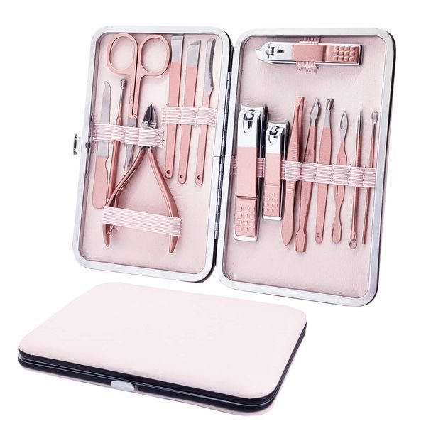 SHICEN Manicure Set, Professional Nail Clippers Kit, Pedicure Care Tools, Professional Women Grooming Kit -Premium Stainless Steel with Pink Travel Case Set 16PC Great Gift(Rose Gold)