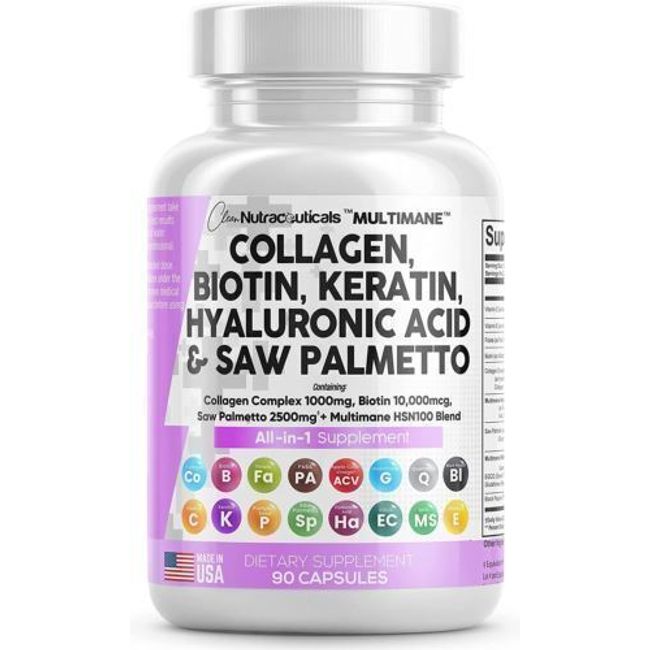 Collagen Pills 1000mg Biotin 10000mcg Keratin Saw Palmetto 2500mg Hyaluronic...