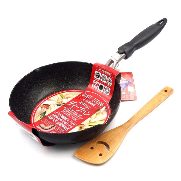 Marble Super Coating, 9.4 inches (24 cm) Deep Pan, Stir-fry Pan (High Durability with 4-Layer Construction), Carbonized Bamboo Turner Included