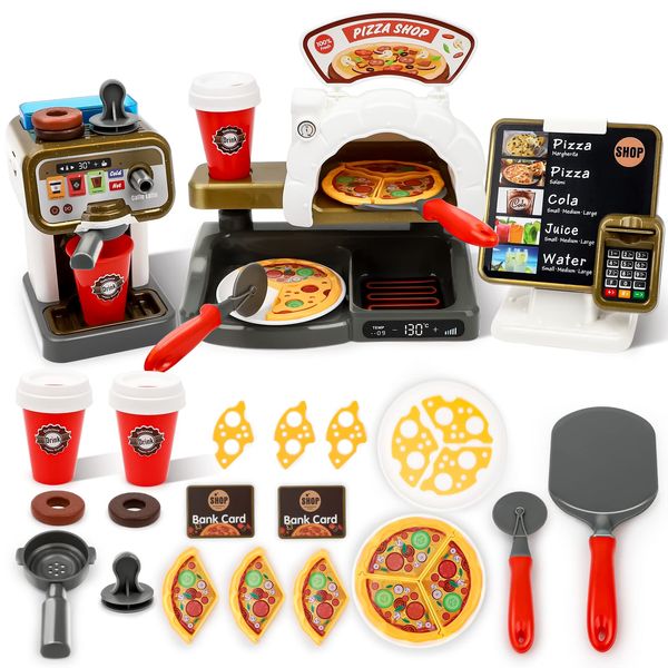 deAO Pretend Play Store Coffee Playset Kids Coffee Maker Play Set Pizzas Shop with Cash Register 30pcs STEM Toy for Kids Great Pre-School Gift for Toddlers Boys & Girls Age 3+