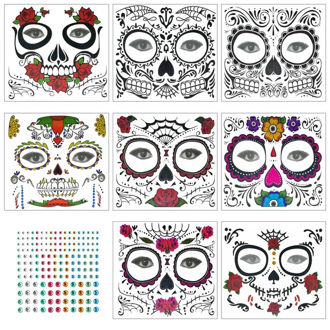 9pcs Halloween Face Tattoo Stickers Make up Kit - Day of the Dead Face Tattoo Stickers Dia de Los Muertos Skull Red Rose Skeleton Spider Web Temporary Tattoos for Men Women Halloween