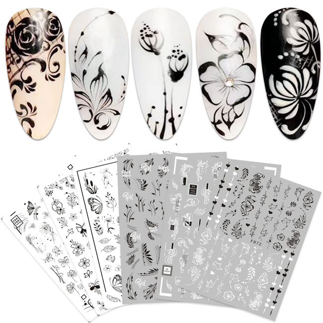 10 Sheets Black & White Flower Nail Stickers Self-Adhesive Nail Art Decal Butterfly Nail Design Decoration