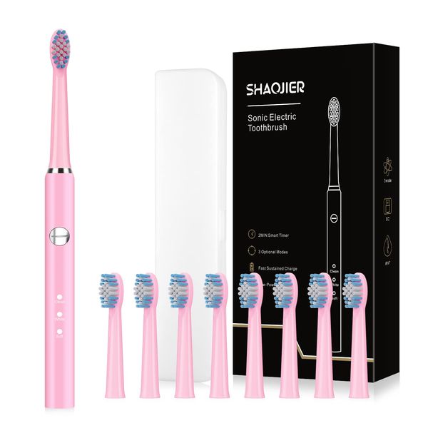 SHAOJIER Electric Toothbrush, with 8 Replacement Brush Heads and 1 Travel Box,Sonic Toothbrush for Adults and Kids,Portable Rechargeable Toothbrush for Travel (Pink)