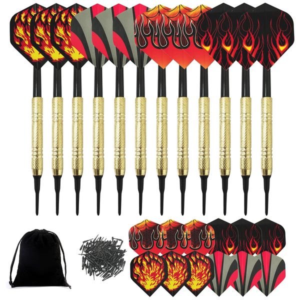 TIANNAIT Plastic Tip Darts Set of 12 Soft Tip Darts with 12 Flights and 100 Tips for Electronic Target with Storage Bag, Suitable for Leisure and Entertainment.