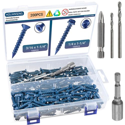 200Pcs Concrete Screw Assortment Kit – 1/4" & 3/16" Masonry Screws with Diamond Point (Flat & Hex Head), Includes Drill Bit – No Pre-Drilling Required for Brick, Block & Cement