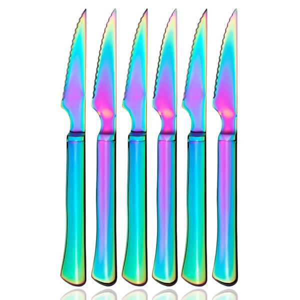 culterman Ultra-Sharp Stainless Steel Cutlery Set,Dinner Knives 6-Piece Stainless Steel kitchen Serrated Best Steak Knife (Rainbow)