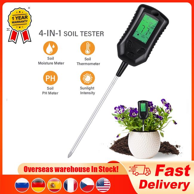 1 Set, Soil Moisture Meter,4-in-1 Digital Plant Temperature/Soil  Moisture/PH Meter/Sunlight Intensity/Humidity Hygrometer Backlit LCD  Display Soil Tes