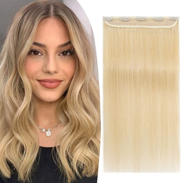 TESS Real Hair Extensions Clip in One Pieces 16 inch Straight Human Hair Extensions with U-shape 6-teeth Snap Clip #613 Bleach Blonde