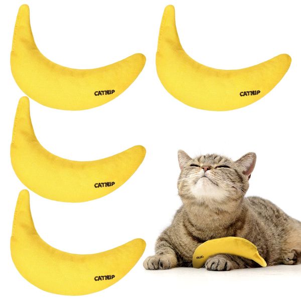 Sotiff 4 Pieces Catnip Toys Yellow Banana Cat Chew Catnip Toys Kitten Interactive Toy Reliable Catnip Filled Cat Toys for Indoor Cats Kittens Chewing Biting Grinding Claw 4 Count Pack of 1