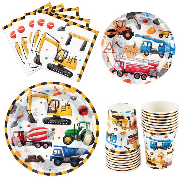 WERNNSAI Construction Party Supplies Set - 64 PCS Dump Truck Theme Birthday Party Decorations Disposable Paper Plates Cups Napkins Tableware for Boys Kids Baby Shower Excavator Birthday Party Decor