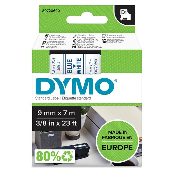 DYMO Authentic D1 Labels | Blue Print on White Tape | 9 mm x 7 m | Self-Adhesive Labels for LabelManager Label Makers | Made in Europe