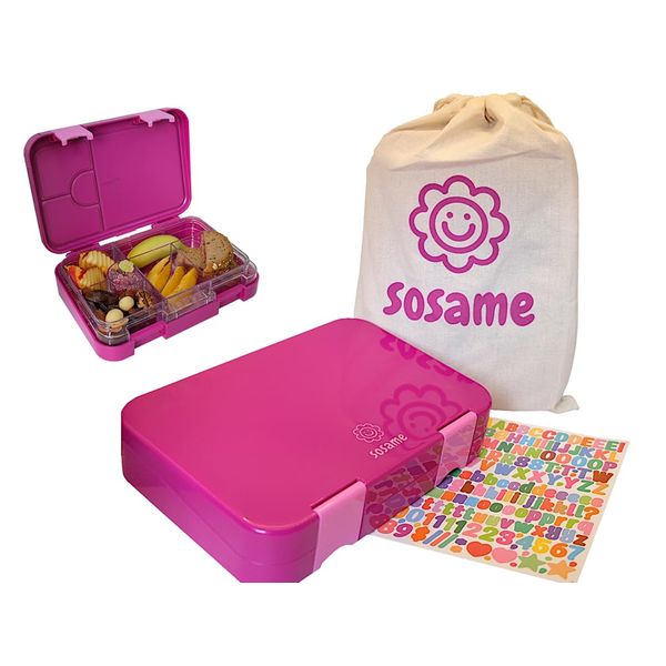 sosame Brotdose für Kinder mit 6 Fächern - Lunchbox - Bento Box auslaufsicher – Jausenbox mit Leinwand Baumwolle Kordel zug Tasche und Buchstabenaufklebern, für Kindergarten und Schule (LILA)