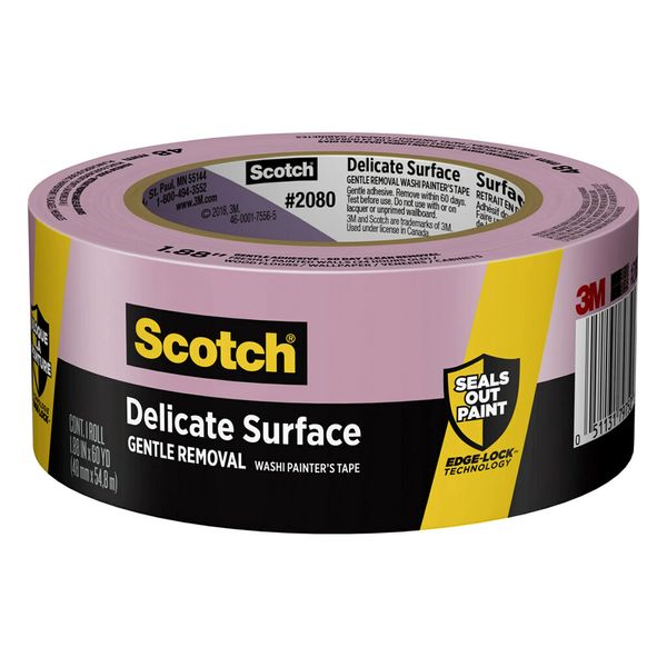 Scotch Delicate Surfaces Painters Tape, 1.88 in x 60 yd, Damage-Free Painting Prep, Protect Delicate Surfaces, UV & Sunlight Resistant, Solvent-Free Adhesive, Indoor Masking Tape, 1 Roll (2080-48EC)