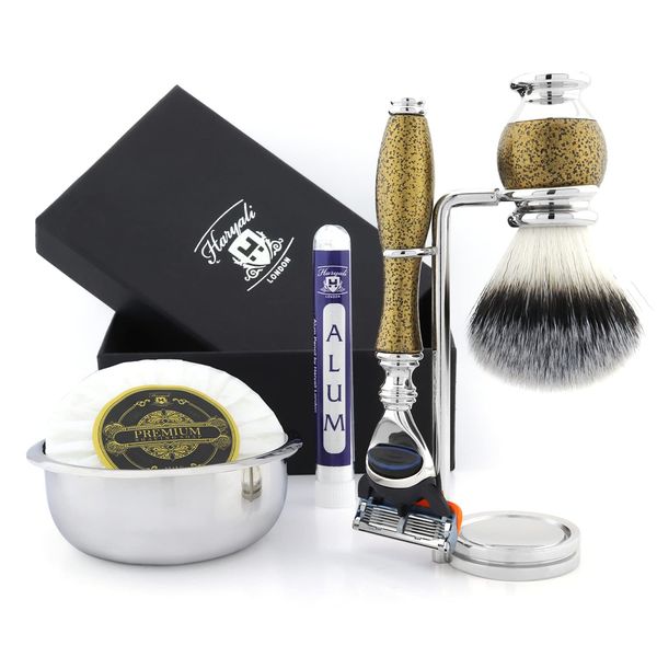 Haryali London 6Pc Mens Shaving Kit 5 Edge Razor, Synthetic Badger Hair Brush, Bowl, Stand, Soap and Alum Perfect Set for Men