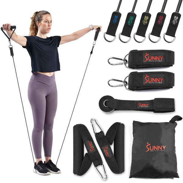 Sunny Health & Fitness Premium Resistance Band Set: Includes Door Anchor, Wrist Strap, Handle, and Carry Bag - Black Exercise Stretch Bands for Strength Training, Muscle Recovery, Yoga and More