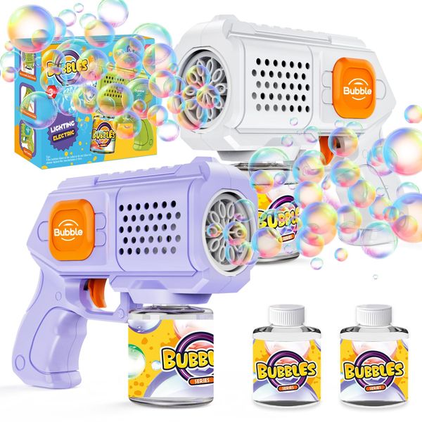 Panamalar 2pcs Bubble Guns for Kids, Portable Bubble Machine 10000+ Bubbles/Min, Automatic 10 Holes Bubble Blower Blaster Gun with Bubble Solution/Lights for Outdoor Summer Party Wedding-purple+white