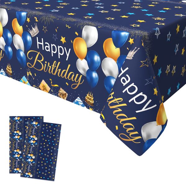 Xinvery 2PCS Blue Gold Party Tablecloth, Happy Birthday TableCloth Balloons Star Table Covers Plastic Rectangular Tablecloths for Boys Men Birthday Baby Shower 137 x 274cm