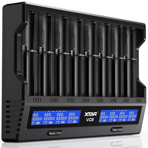 XTAR VC8 8-Bay Smart Charger - Type C 3A Fast Charger, LCD Display for 3.6V/3.7V Li-ion & 1.2V Ni-MH C Batteries