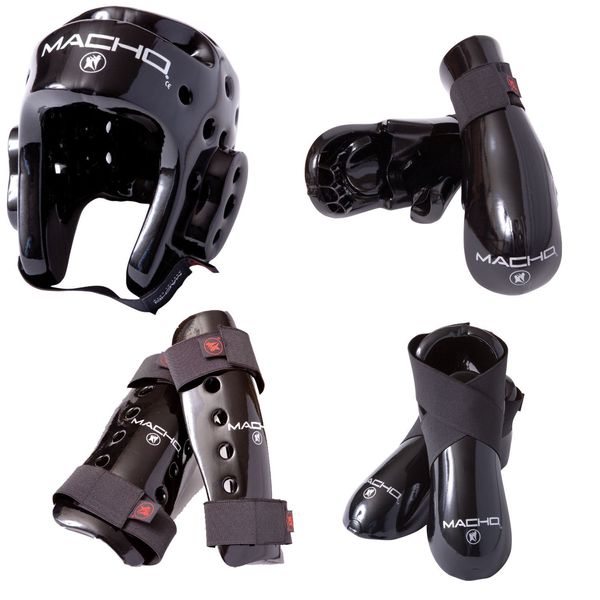 Macho Dyna 7 Piece Sparring Gear Set with shin Guards Black Adult Small