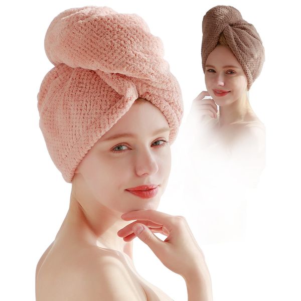 JLDFV Microfiber Hair Drying Towel Wrap, 2 Pack Absorbent Microfibre Hair Towel Turban,Microfibre Hair Towel Wrap with Buttons Hair Drying Towel,Hair Turbans for Wet Hair Women