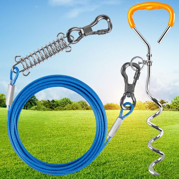 XiaZ Dog Tie Out Cable and Stake, 10 FT Dog Runner Cable with Swivel Hook and Shock Absorbing Spring, Dog Lead for Yard Outdoor and Camping for Small to Medium Pets Up to 60 LBS