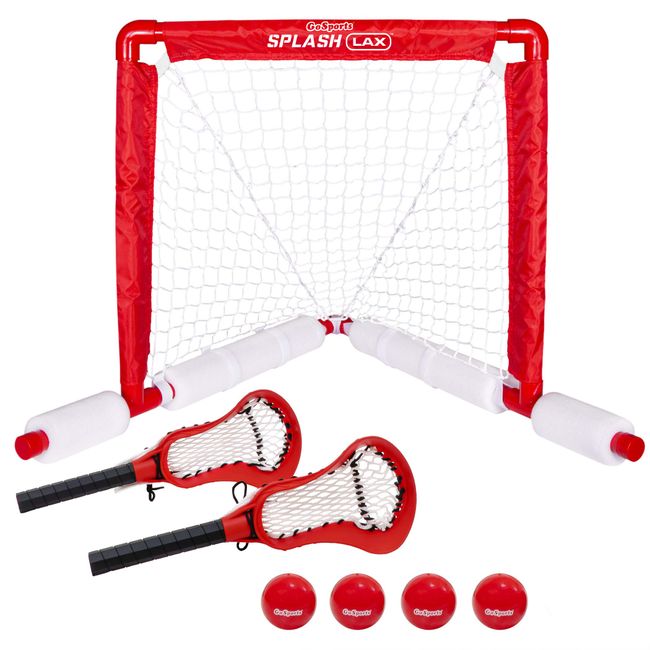 GoSports Lacrosse Floating Pool Goal Set - Includes Lacrosse Water Goal, 2 Lacrosse Sticks and 4 Soft Rubber Balls Red