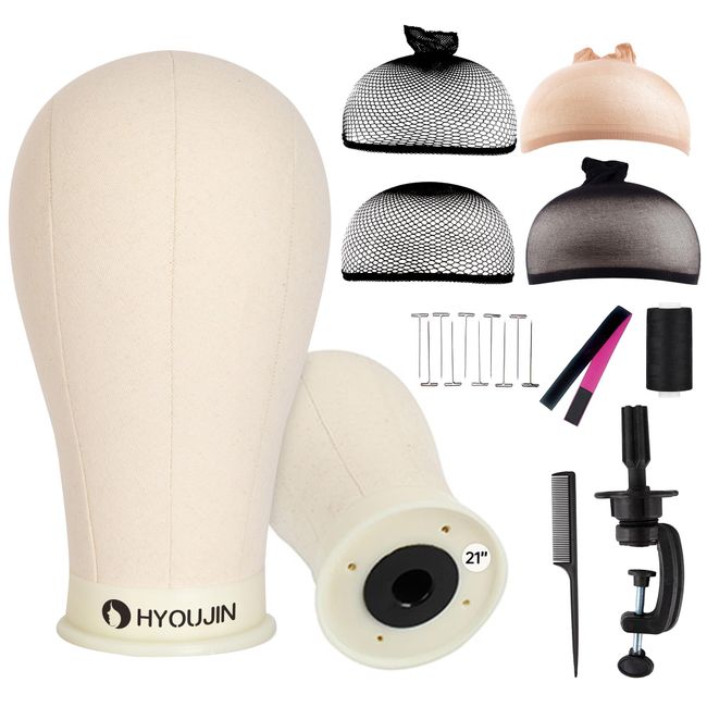 HYOUJIN 21 Inch Canvas Wig Head,Mannequin Head for Wig Display,Weave and Styling,Mannequin Head for Wigs with Mount Hole with C Stand,Wig Band,T Pins,Thread,Hair Comb and Wig Caps Included