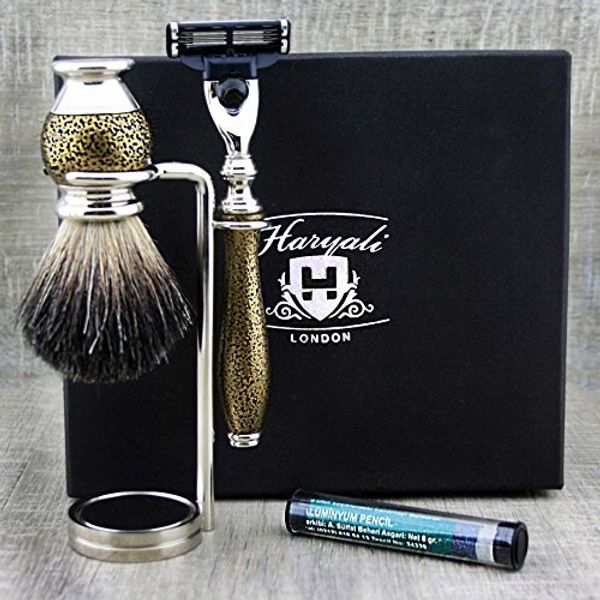 Haryali London 4Pc Mens Shaving Kit 3 Edge Razor, Black Badger Hair Brush, Stand and Alum