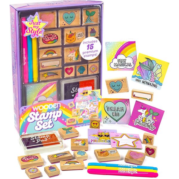 Just My Style Wood Stamp Set by Horizon Group USA, 15 Wooden Stamps, Scrapbooking Sheets, Colorful Markers, Stationery Set, 2-Tone Stamp Pad