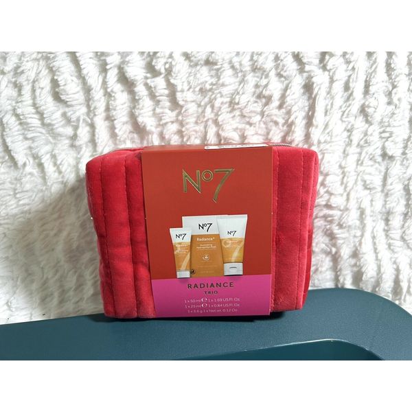 No7 Radiance Trio In a Pink Velvet Travel Pouch Cleanser Moisturizer Eye Mask.