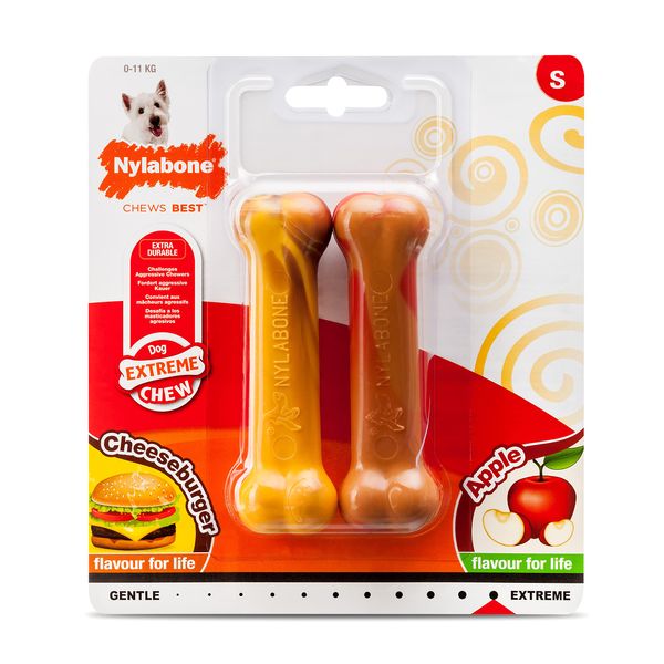 Nylabone Extreme Tough Dog Chew Toy Bones, Cheeseburger & Apple Flavour, 2-piece, Small, For Dogs Up To 11 kg