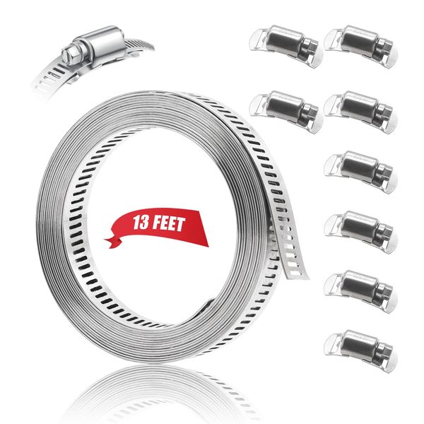 Dianrui DIY Hose Clamps 13FT 304 Stainless Steel Metal Strap + 8PCS Stronger Fasteners Assortment Kit Large Adjustable Pipe Clamps Band Clamp for Pipe Automotive Mechanical K-M1-058-13