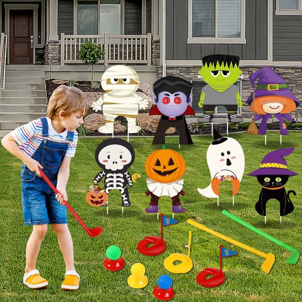 Halloween Golf Game Set Halloween Party Mini Golf Toy Mini Golf Club Set 3 Balls 3 Golf Sticks 3 Flags 3 Tees, 8 Halloween Lawn Yard Decorations for Indoor Outdoor Party Supplies (Scary Style)