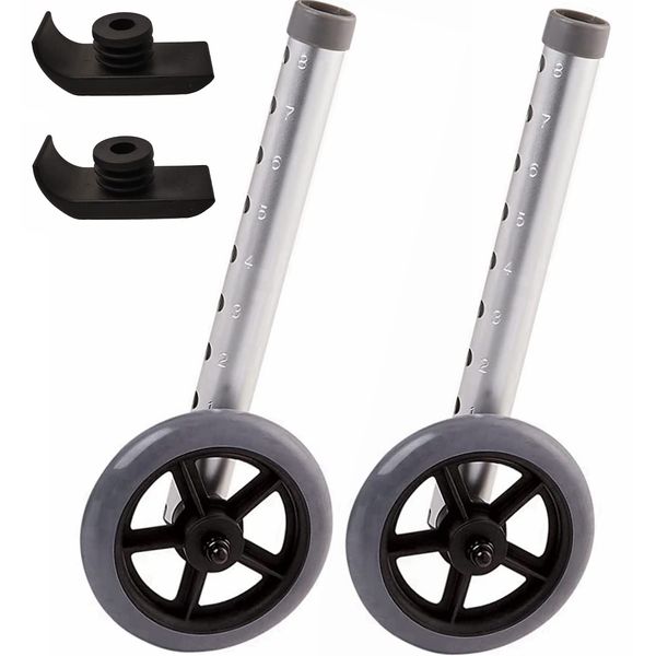 Walker Wheels and Ski Glides 1 Pair, Rubber Universal Walker Caster Wheel with 8 Height Adjustable, Replacement Rollator Accessories, 4 PCS