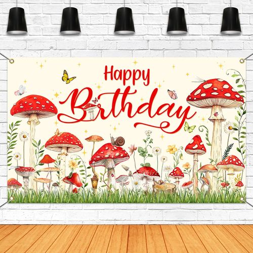 Mocsicka Mushroom Birthday Banner Backdrop Red Mushroom Birthday Party Banner Mushroom Birthday Party Decorations for Kids Birthday Party Supplies (Red, 70.8x43.3 inch)