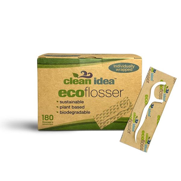 Clean Idea EcoFlosser - Individually Packaged - 180 Picks - Floss Pick - Dental Floss Picks - Plant Based - Floss Stick