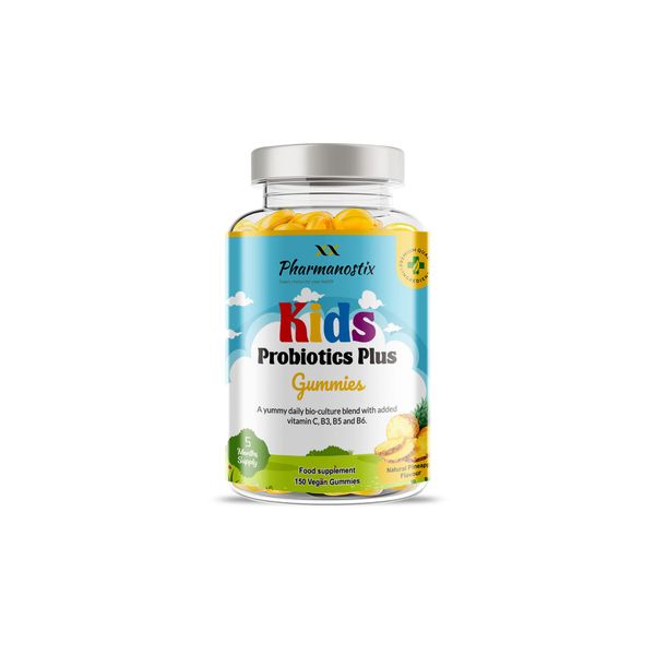 Pharmanostix Kids Probiotics Plus Vegan Gummies - 150 Natural Pineapple Flavour - with Lactobacillus & Bifidobacterium - Supported with Vitamin C, B3, B5 & B6 - for Immune Support & Gut Health