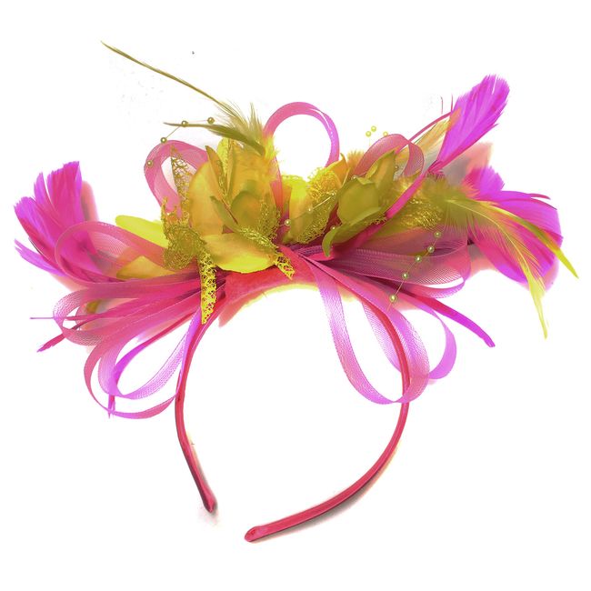 Caprilite Fashion Fuchsia Hot Pink and Yellow Fascinator Light Net Hoop Feather Hair Headband Wedding Royal Ascot Races