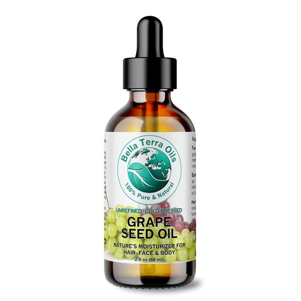 Bella Terra Oils - Organic Grape Seed Oil 2 oz - Cold-Pressed, Abundant in Vitamin E & C, Linoleic Acid, Omega-6 Fatty Acids, A Luxurious Elixir for Radiant Skin