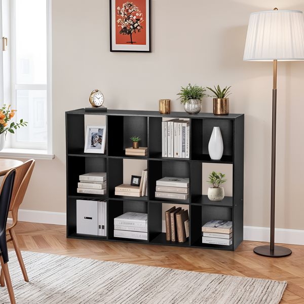 12 Cube Storage Open Shelf Bookcase Display Compartments Organizer Cabinet Black