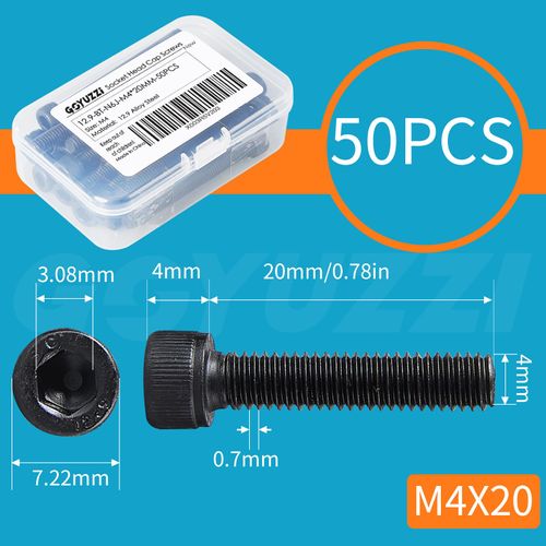 M4 x 20mm Socket Head Cap Screws Bolts 12.9 Grade Alloy Steel Metric Machine Hex Socket Screw, Black Oxide Finish, Fully Threaded, 50PCS